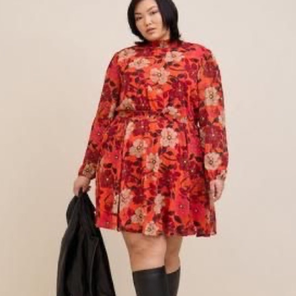 Torrid Mini Clip Dot Floral Blouson Sleeve Dress Size 00